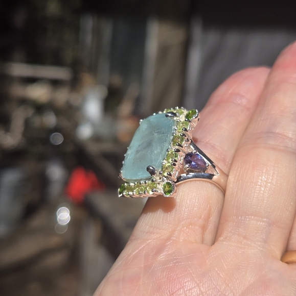 Aquamarine 17k Peridot Chrome Diopside & lolite sterling cocktail ring sz7 - Picture 11 of 11